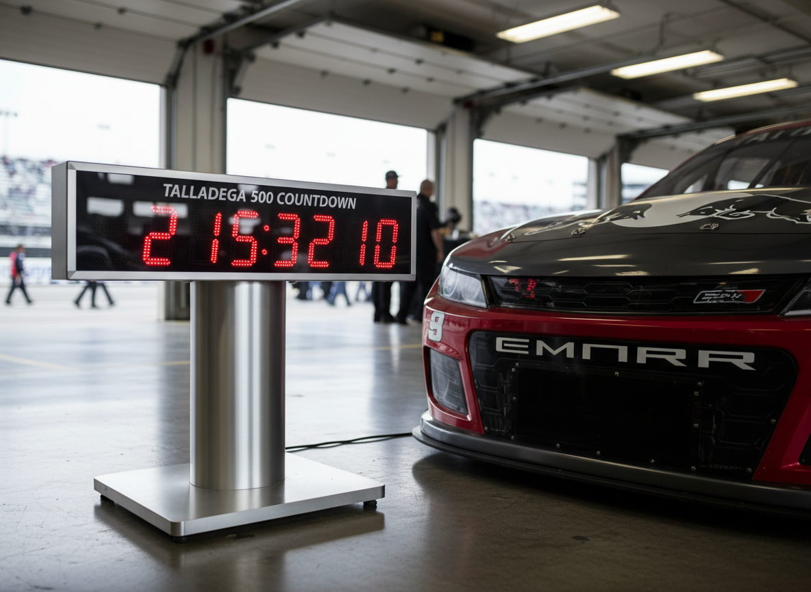A close-up, photographic shot of a large digital countdown clock mounted on a brushed metal stand, its segmented red LED numbers reading “02:15:32:10” against a matte black face labeled “TALLADEGA 500 COUNTDOWN.” The clock stands on a polished concrete garage floor beside an idle red and charcoal-grey stock car nose, grille and splitter in frame, with sponsor-style bull logo details but no specific brand names. Overhead fluorescent shop lighting casts cool, even illumination with gentle reflections on the metal and glass surfaces, while the pit lane and blurred grandstands are visible through an open garage door in the background. Shot at eye level with shallow depth of field, the atmosphere feels focused, professional, and time-sensitive, supporting a race weekend planning theme.