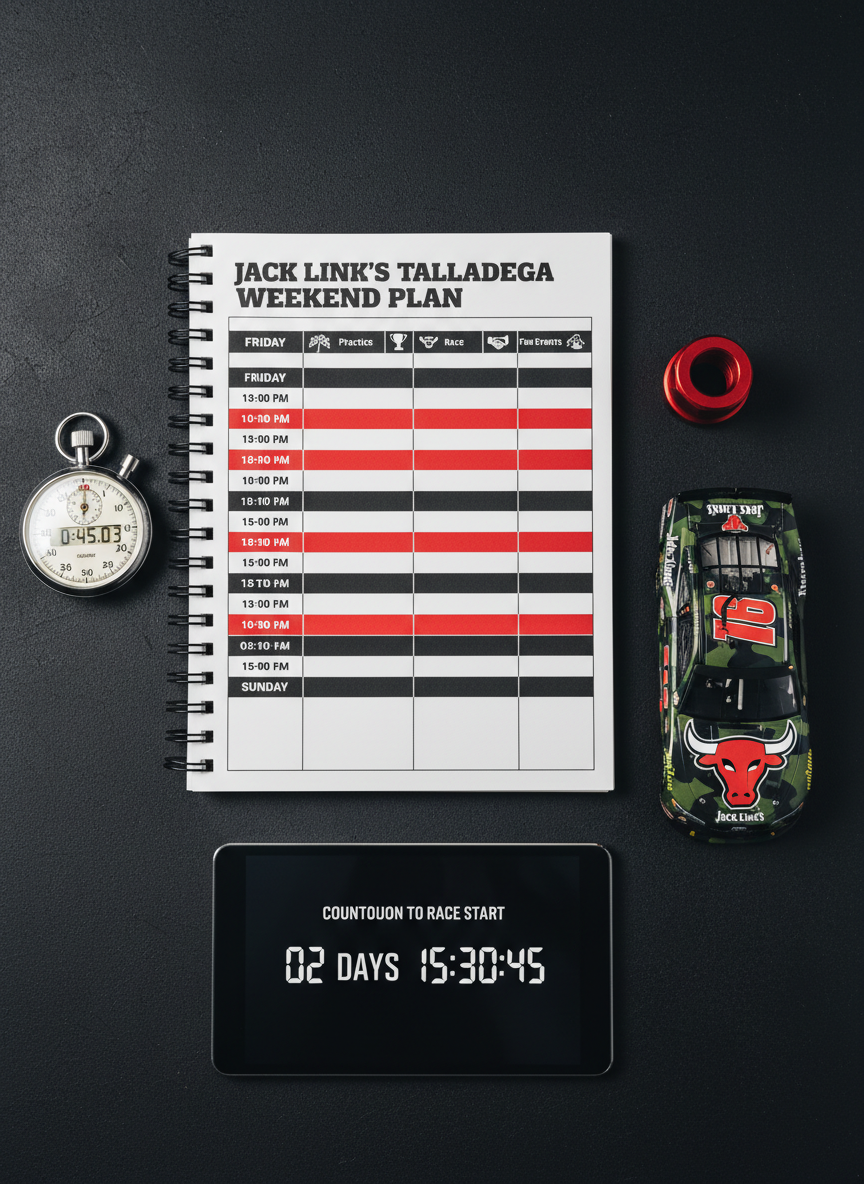 A clean, photographic flat lay of a Talladega 500 weekend planner spread across a dark rubberized workbench surface. A spiral-bound, open notebook shows a neatly printed schedule with time slots blocked in red and black, small icons for practice, qualifying, race, and fan events, and a bold header reading “Jack Link’s Talladega Weekend Plan.” Beside it sit a brushed metal stopwatch displaying paused seconds, a red anodized lug nut, a detailed die-cast stock car model with a stylized bull logo, and a slim black digital tablet showing a countdown interface. Soft, diffused studio lighting from above minimizes harsh shadows, creating a clear, professional, and organized atmosphere. Shot from directly overhead, the composition is balanced and minimalist, ideal for illustrating a unified schedule and countdown hub.