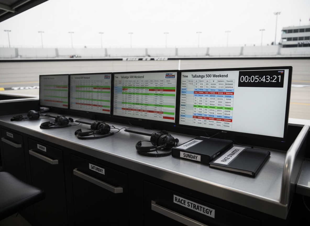 An organized pit wall command station photographed in crisp detail, featuring multiple widescreen monitors displaying a clean Talladega 500 weekend schedule grid, color-coded practice, qualifying, and race sessions, and a large digital countdown timer in the corner. The station rests on a brushed aluminum counter with neatly coiled radio headsets and labeled binders reading “Saturday,” “Sunday,” and “Race Strategy.” Cool, balanced artificial lighting from above creates minimal glare on the matte screens, emphasizing legible text and data. The blurred background hints at the banking of Talladega’s track and empty grandstands under an overcast but bright sky. Captured from a slightly elevated angle with sharp focus throughout, the mood is methodical and professional, reinforcing planning and schedule tracking in a realistic photographic style.